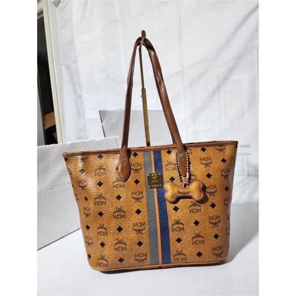 Authentic MCM Visetos Striped Shopper Tote Bag Cognac Brown - Picture 1 of 15